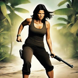 Create an image for the movie 'Deadly Pursuit' featuring Gina Carano in a fighting stance, navigating a treacherous world of deceit and danger