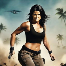 Create an image for the movie 'Deadly Pursuit' featuring Gina Carano in a fighting stance, navigating a treacherous world of deceit and danger