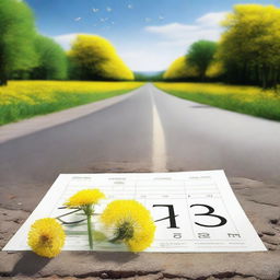 A serene image of a paved road that transitions into a calendar