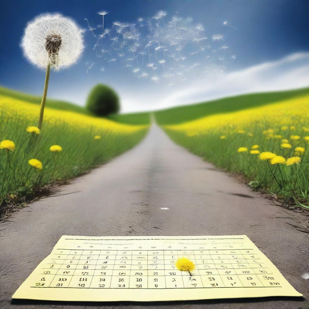 A serene image of a paved road that transitions into a calendar