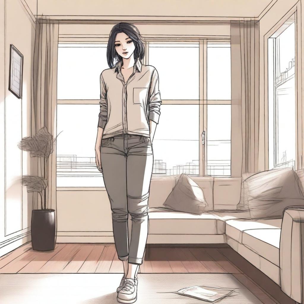 A tastefully drawn image of a woman in her casual indoor clothing, focusing on the aesthetics of the scene rather than explicit details