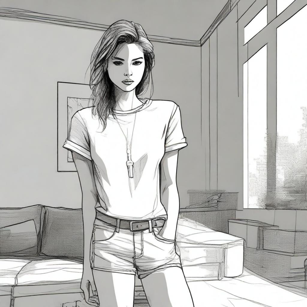 A tastefully drawn image of a woman in her casual indoor clothing, focusing on the aesthetics of the scene rather than explicit details