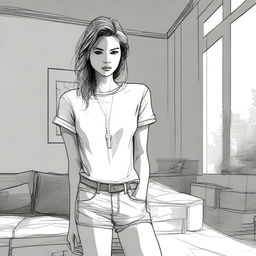 A tastefully drawn image of a woman in her casual indoor clothing, focusing on the aesthetics of the scene rather than explicit details