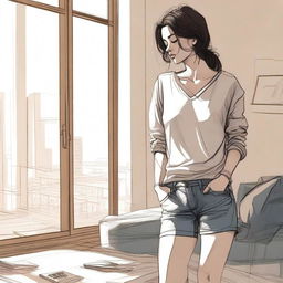 A tastefully drawn image of a woman in her casual indoor clothing, focusing on the aesthetics of the scene rather than explicit details