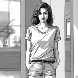 A tastefully drawn image of a woman in her casual indoor clothing, focusing on the aesthetics of the scene rather than explicit details