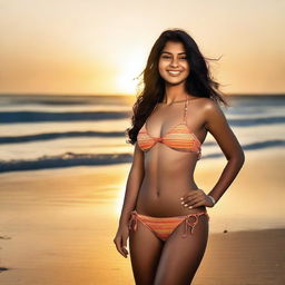 An Indian girl in a tasteful bikini standing on a beach, with the sun setting behind her