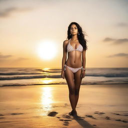 An Indian girl in a tasteful bikini standing on a beach, with the sun setting behind her