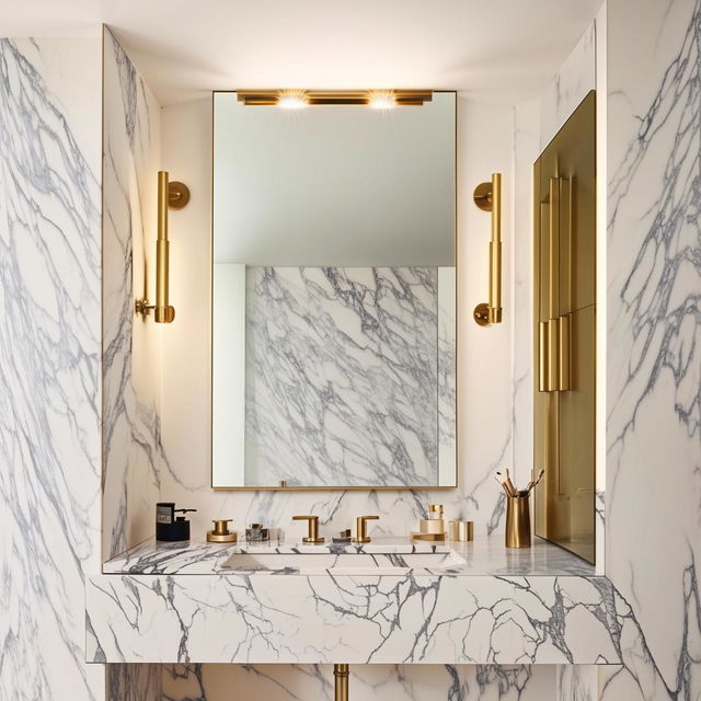 Design a modern, sleek, aesthetic bathroom with white marble walls, brass fixtures, and a large, well-lit vanity mirror.