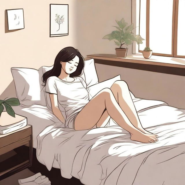 A tastefully drawn image of a woman lying on a bed