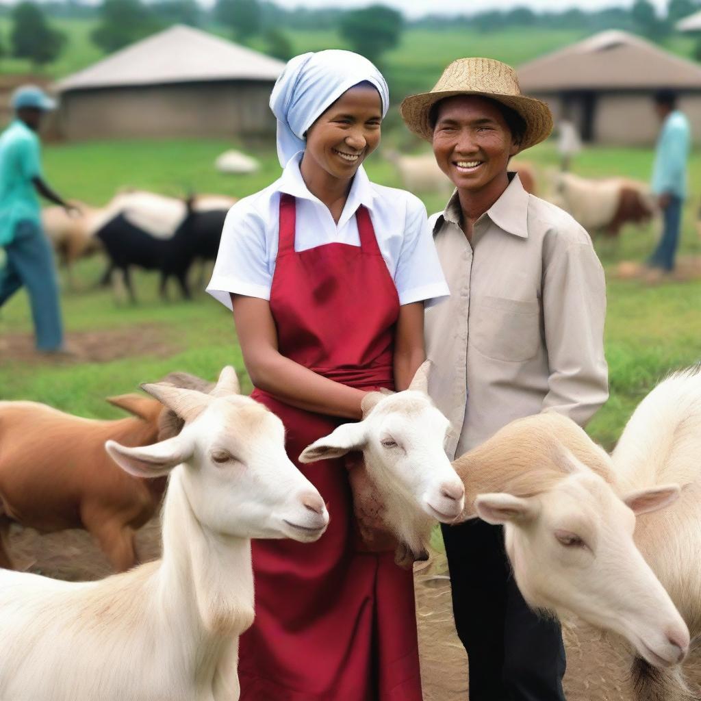 Generate a highly realistic and super HD quality image of an Indonesian woman dressed as a sales promotion girl (SPG), selling goats in a rural Indonesian setting