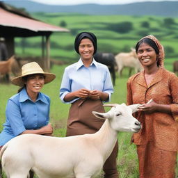 Generate a highly realistic and super HD quality image of an Indonesian woman dressed as a sales promotion girl (SPG), selling goats in a rural Indonesian setting