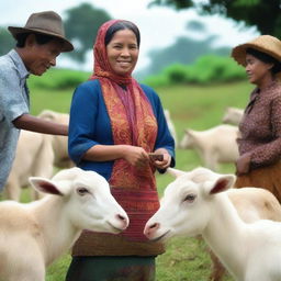 Generate a highly realistic and super HD quality image of an Indonesian woman dressed as a sales promotion girl (SPG), selling goats in a rural Indonesian setting