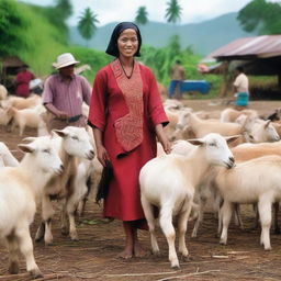 Generate a highly realistic and super HD quality image of an Indonesian woman dressed as a sales promotion girl (SPG), selling goats in a rural Indonesian setting