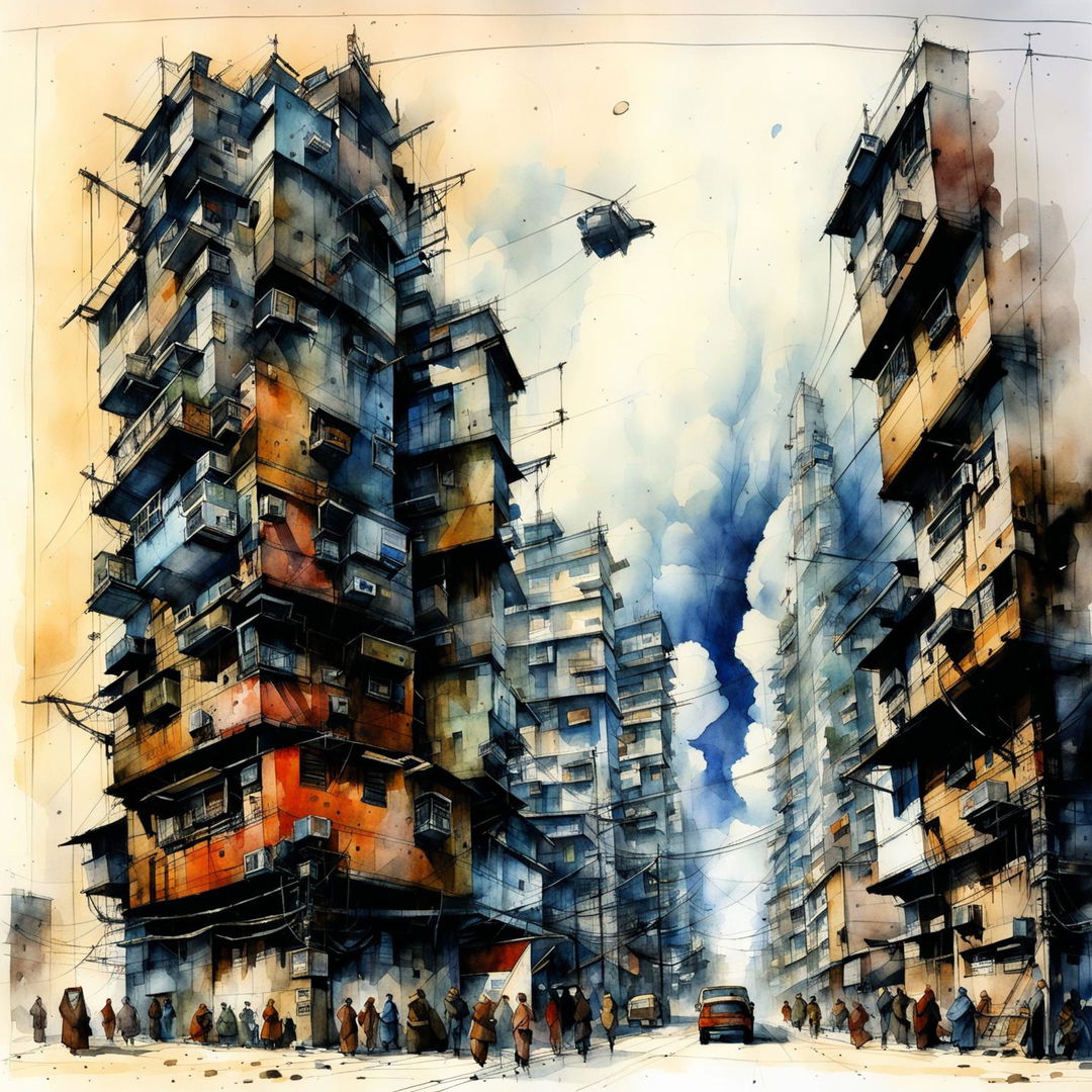 Watercolour architectural sketch of a grim futuristic slum cityscape, featuring haphazard buildings, neon signs, shadowy figures, and flying vehicles against a moody sky.