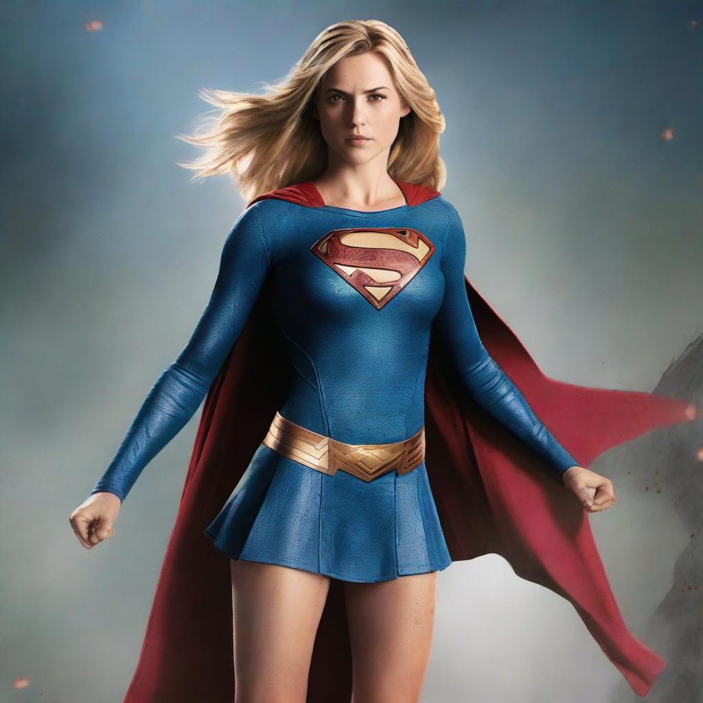 Generate an image of Supergirl in a battle-worn outfit, showcasing her strength and determination