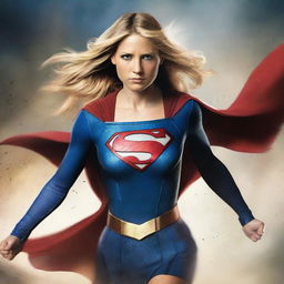 Generate an image of Supergirl in a battle-worn outfit, showcasing her strength and determination