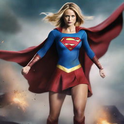 Generate an image of Supergirl in a battle-worn outfit, showcasing her strength and determination