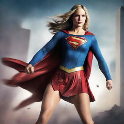 Generate an image of Supergirl in a battle-worn outfit, showcasing her strength and determination