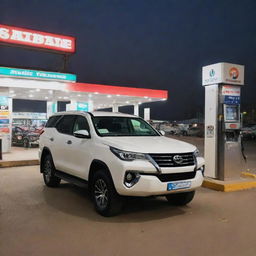 A sleek Fortuner car parked at a petrol pump beside a bustling national highway in the evening, with a vibrant dhaba on one side.