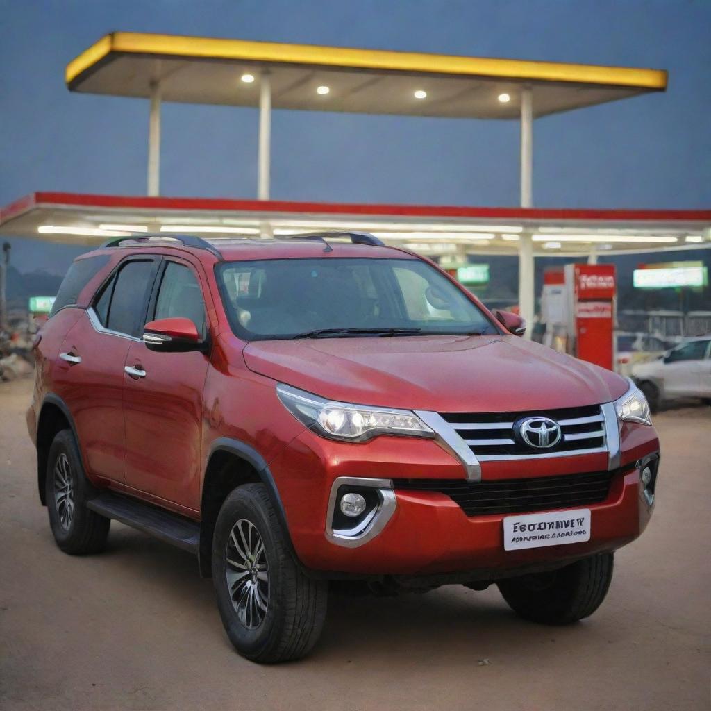 A sleek Fortuner car parked at a petrol pump beside a bustling national highway in the evening, with a vibrant dhaba on one side.