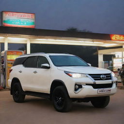 A sleek Fortuner car parked at a petrol pump beside a bustling national highway in the evening, with a vibrant dhaba on one side.