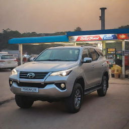 A sleek Fortuner car parked at a petrol pump beside a bustling national highway in the evening, with a vibrant dhaba on one side.