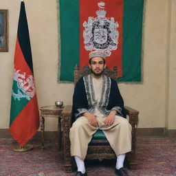 A young king seated on a throne in a room. A flag of Afghanistan hangs in the background with the text 'Manzoor King' inscribed on it.