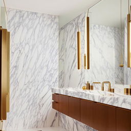 Design a modern, sleek, aesthetic bathroom with white marble walls, brass fixtures, and a large, well-lit vanity mirror.