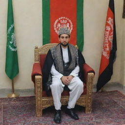 A young king seated on a throne in a room. A flag of Afghanistan hangs in the background with the text 'Manzoor King' inscribed on it.