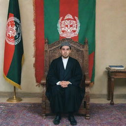 A young king seated on a throne in a room. A flag of Afghanistan hangs in the background with the text 'Manzoor King' inscribed on it.