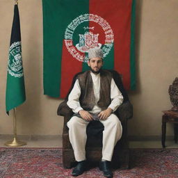 A young king seated on a throne in a room. A flag of Afghanistan hangs in the background with the text 'Manzoor King' inscribed on it.