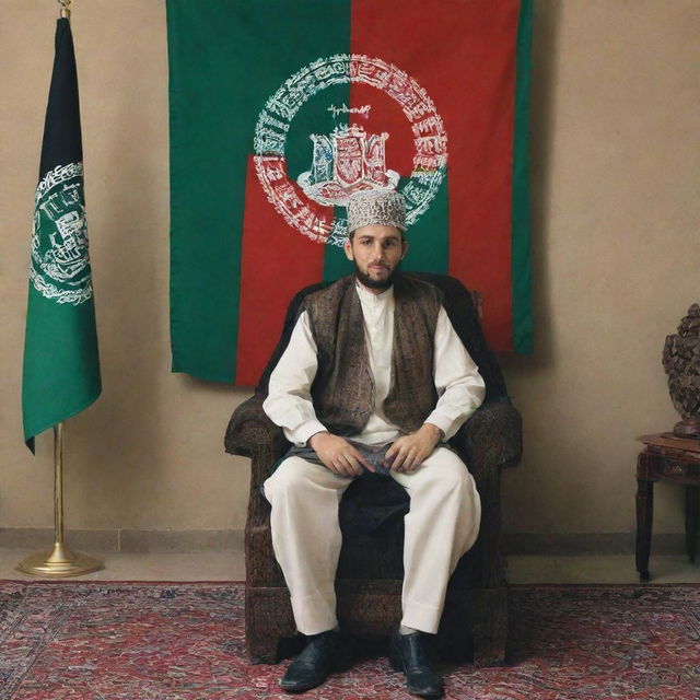 A young king seated on a throne in a room. A flag of Afghanistan hangs in the background with the text 'Manzoor King' inscribed on it.