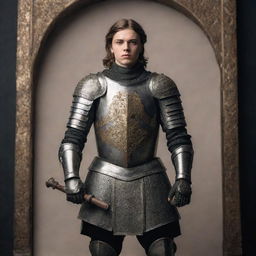 A 19-year-old warrior in full armour, standing powerfully with a historically accurate weapon against a backdrop of an artistic optical illusion