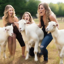 A realistic, high-definition quality photoshoot featuring several large goats expressing surprise upon seeing a beautiful and sexy woman