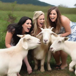 A realistic, high-definition quality photoshoot featuring several large goats expressing surprise upon seeing a beautiful and sexy woman