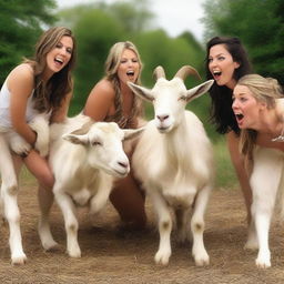 A realistic, high-definition quality photoshoot featuring several large goats expressing surprise upon seeing a beautiful and sexy woman