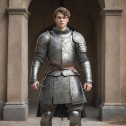 A 19-year-old warrior in full armour, standing powerfully with a historically accurate weapon against a backdrop of an artistic optical illusion