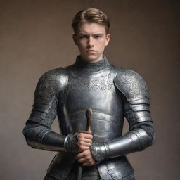 A 19-year-old warrior in full armour, standing powerfully with a historically accurate weapon against a backdrop of an artistic optical illusion