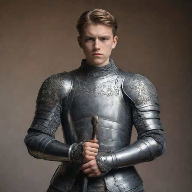 A 19-year-old warrior in full armour, standing powerfully with a historically accurate weapon against a backdrop of an artistic optical illusion