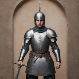 A 19-year-old warrior in full armour, standing powerfully with a historically accurate weapon against a backdrop of an artistic optical illusion