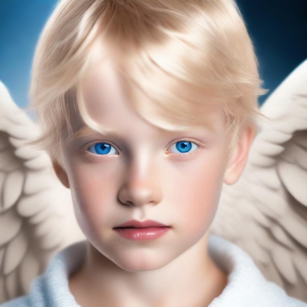 Generate an image of an angelic boy with blue eyes and blond hair that could serve as a cover for a Twilight core themed book