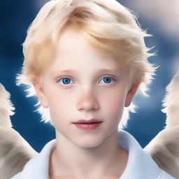 Generate an image of an angelic boy with blue eyes and blond hair that could serve as a cover for a Twilight core themed book