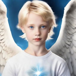 Generate an image of an angelic boy with blue eyes and blond hair that could serve as a cover for a Twilight core themed book