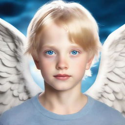 Generate an image of an angelic boy with blue eyes and blond hair that could serve as a cover for a Twilight core themed book