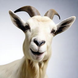 A realistic, high-definition quality photoshoot featuring a large goat expressing surprise.