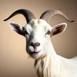 A realistic, high-definition quality photoshoot featuring a large goat expressing surprise.