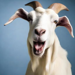 A realistic, high-definition quality photoshoot featuring a large goat expressing surprise.