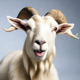 A realistic, high-definition quality photoshoot featuring a large goat expressing surprise.