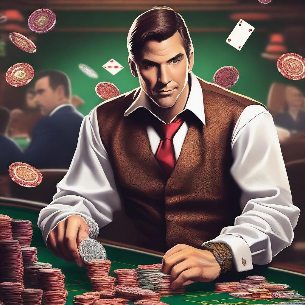 Generate an image of a man who runs a casino, dressed in rich attire and surrounded by elements of a casino such as poker chips, cards, and slot machines