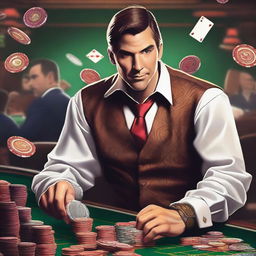 Generate an image of a man who runs a casino, dressed in rich attire and surrounded by elements of a casino such as poker chips, cards, and slot machines